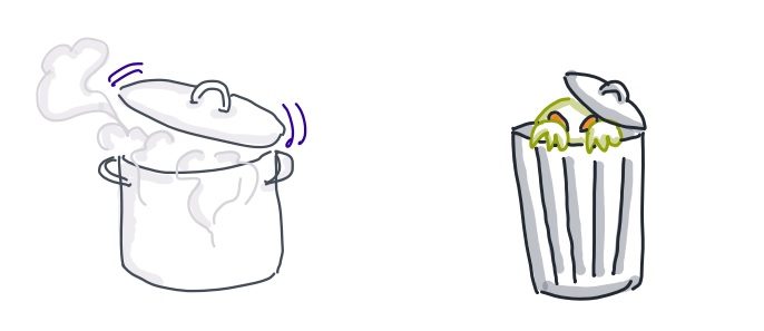 marmite en ébulition, en train de déborder, et monstre voulant sortir d'une poubelle