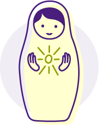 Dessin d'une petite matriochka tenant un petit soleil devant son coeur, symbole de confiance en soi