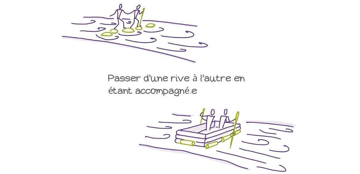 Illustration d'une traversée accompagné.e vers une autre rive