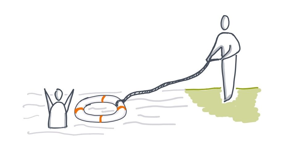 Personnage lançant à un autre une bouée de sauvetage